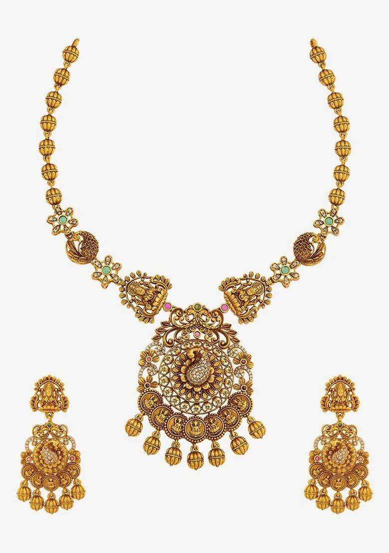 Gold-Plated Temple Stone-Studded Necklace and Earrings for Women | Traditional Temple Jewellery for Wedding & Festive Wear | Gift for Her - Indya