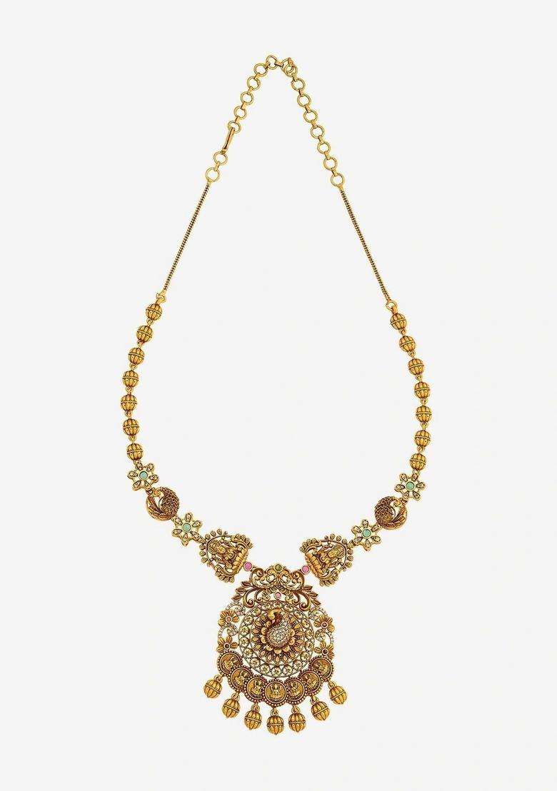 Gold-Plated Temple Stone-Studded Necklace and Earrings for Women | Traditional Temple Jewellery for Wedding & Festive Wear | Gift for Her - Indya