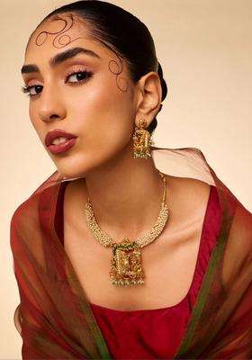 Gold-Plated Temple Stone Studded & Beaded Necklace and Earrings for Women | Traditional Temple Jewellery for Wedding & Festive Wear | Gift for Her