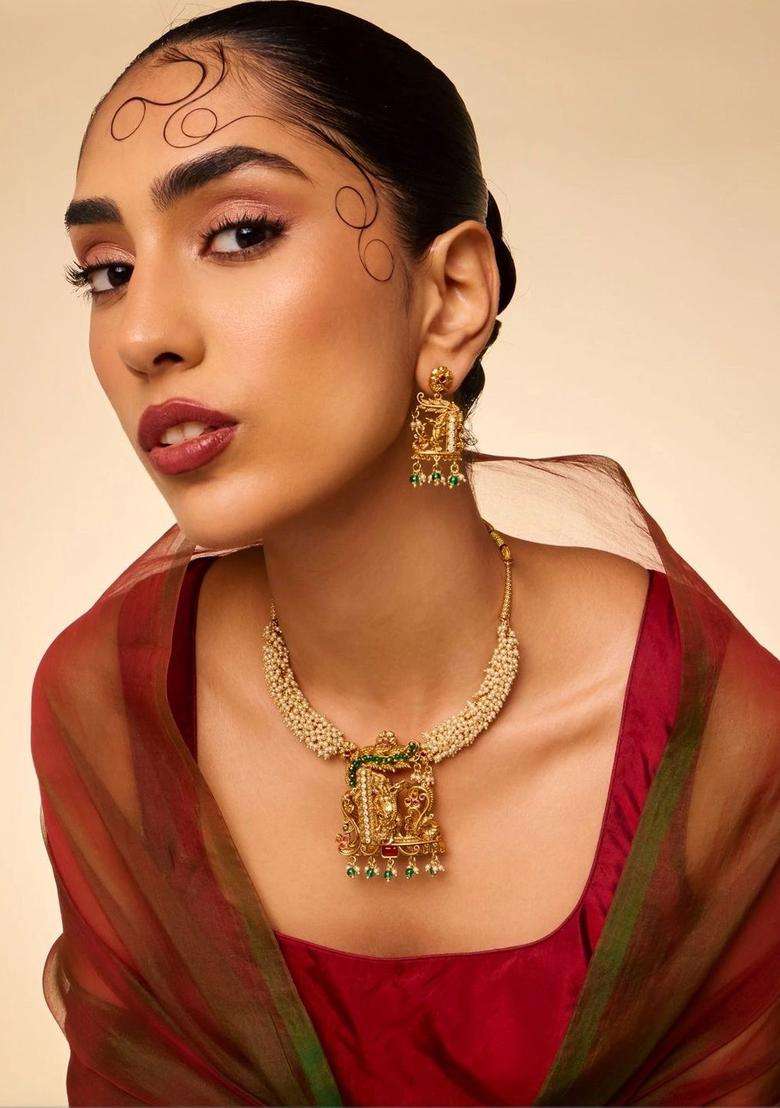 Gold-Plated Temple Stone Studded & Beaded Necklace and Earrings for Women | Traditional Temple Jewellery for Wedding & Festive Wear | Gift for Her - Indya