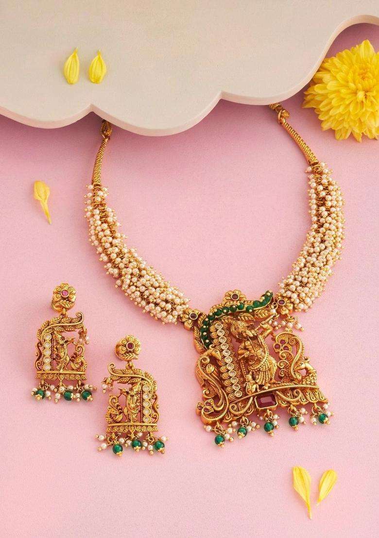 Gold-Plated Temple Stone Studded & Beaded Necklace and Earrings for Women | Traditional Temple Jewellery for Wedding & Festive Wear | Gift for Her - Indya