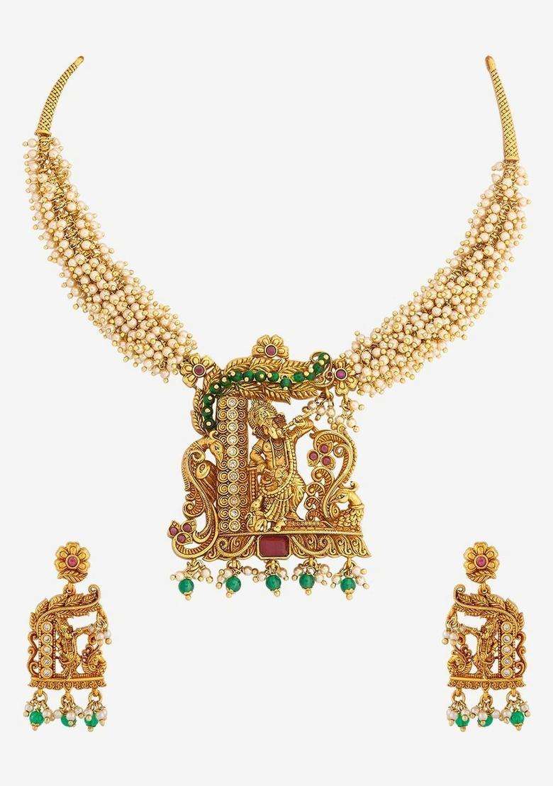 Gold-Plated Temple Stone Studded & Beaded Necklace and Earrings for Women | Traditional Temple Jewellery for Wedding & Festive Wear | Gift for Her - Indya