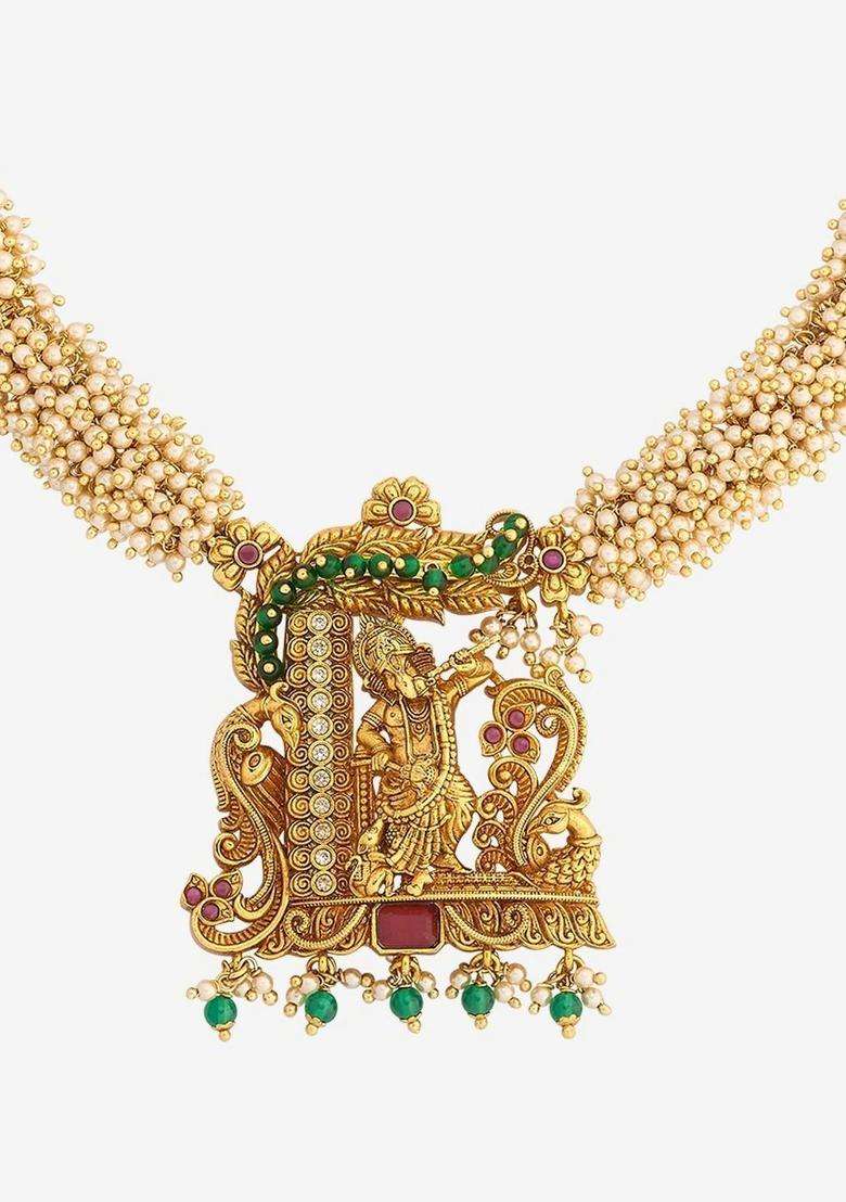 Gold-Plated Temple Stone Studded & Beaded Necklace and Earrings for Women | Traditional Temple Jewellery for Wedding & Festive Wear | Gift for Her - Indya