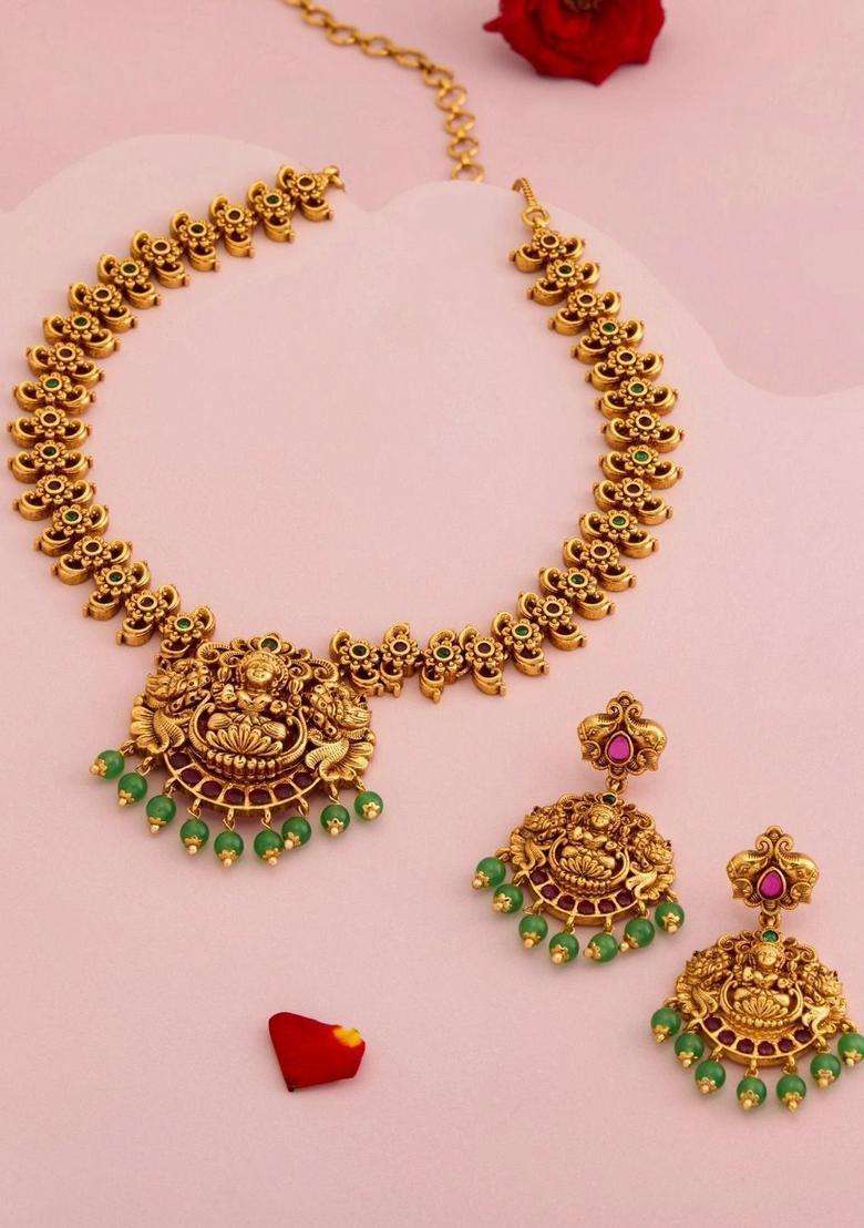 Gold-Plated Temple Stone Studded & Beaded Necklace and Earrings for Women | Traditional Temple Jewellery for Wedding & Festive Wear | Gift for Her - Indya