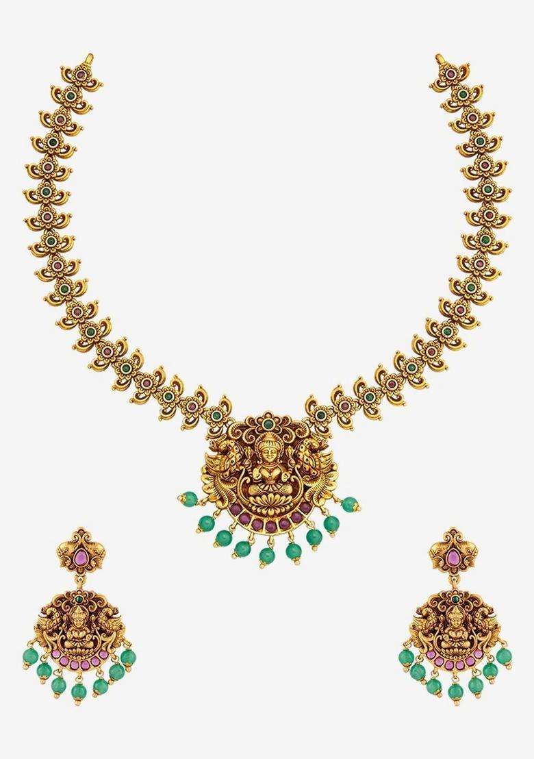 Gold-Plated Temple Stone Studded & Beaded Necklace and Earrings for Women | Traditional Temple Jewellery for Wedding & Festive Wear | Gift for Her - Indya