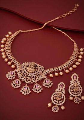 Gold-Plated Temple Cubic Zirconia Necklace and Earrings for Women | Traditional Temple Jewellery for Wedding & Festive Wear | Gift for Her