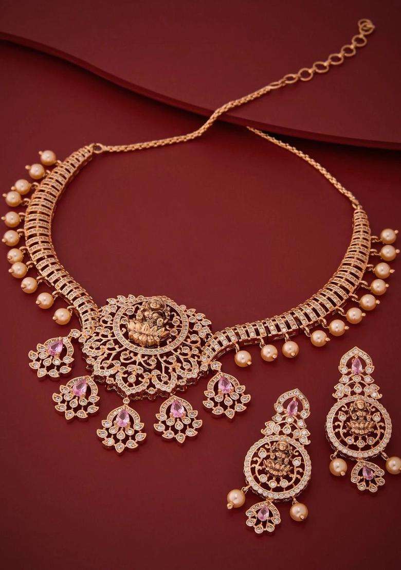 Gold-Plated Temple Cubic Zirconia Necklace and Earrings for Women | Traditional Temple Jewellery for Wedding & Festive Wear | Gift for Her - Indya