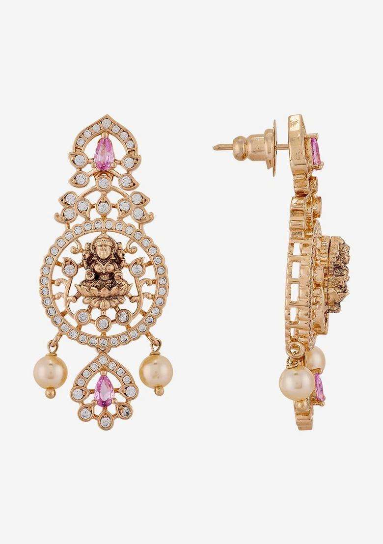 Gold-Plated Temple Cubic Zirconia Necklace and Earrings for Women | Traditional Temple Jewellery for Wedding & Festive Wear | Gift for Her - Indya