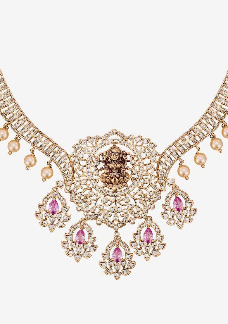 Gold-Plated Temple Cubic Zirconia Necklace and Earrings for Women | Traditional Temple Jewellery for Wedding & Festive Wear | Gift for Her - Indya
