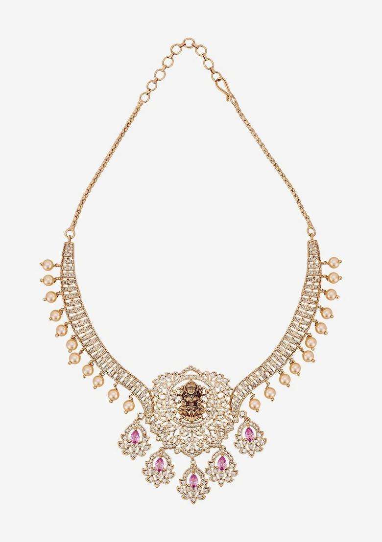 Gold-Plated Temple Cubic Zirconia Necklace and Earrings for Women | Traditional Temple Jewellery for Wedding & Festive Wear | Gift for Her - Indya