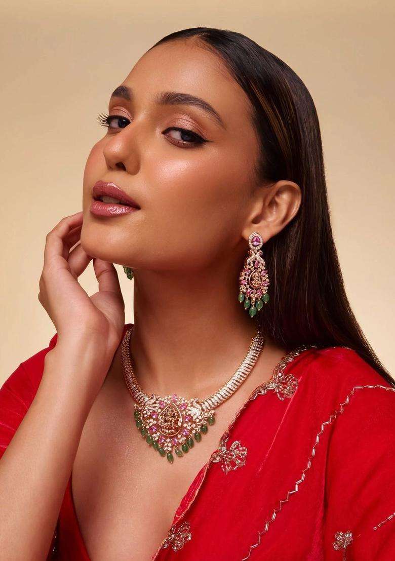 Gold-Plated Temple Cubic Zirconia Necklace and Earrings for Women | Traditional Temple Jewellery for Wedding & Festive Wear | Gift for Her - Indya