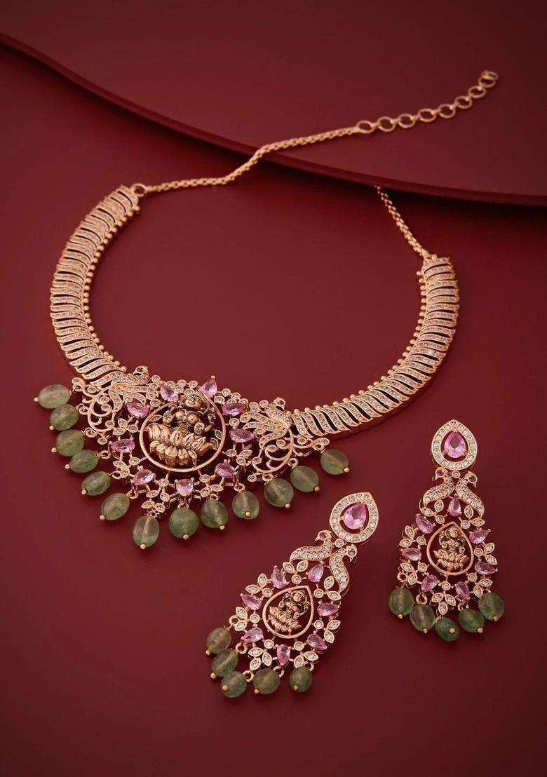 Gold-Plated Temple Cubic Zirconia Necklace and Earrings for Women | Traditional Temple Jewellery for Wedding & Festive Wear | Gift for Her - Indya