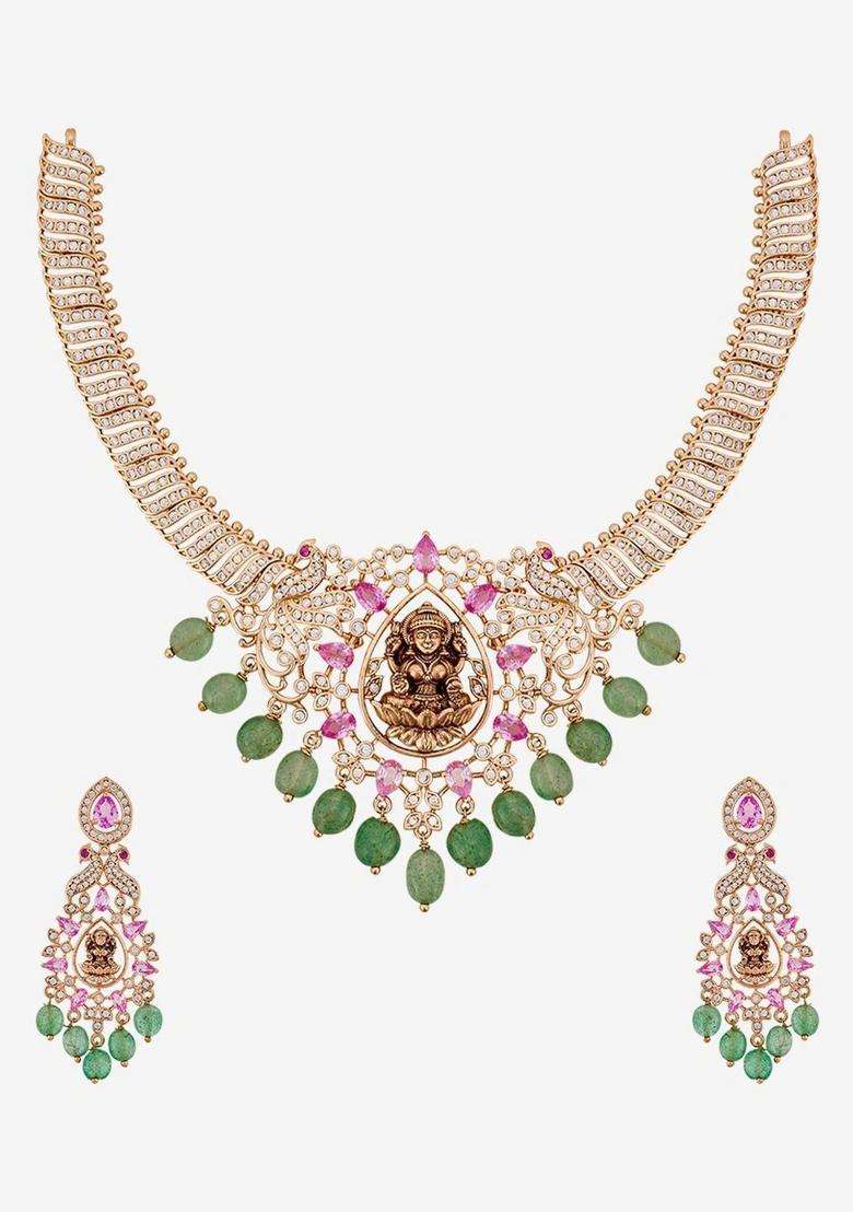 Gold-Plated Temple Cubic Zirconia Necklace and Earrings for Women | Traditional Temple Jewellery for Wedding & Festive Wear | Gift for Her - Indya