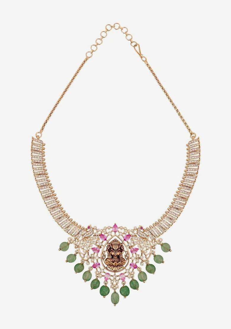 Gold-Plated Temple Cubic Zirconia Necklace and Earrings for Women | Traditional Temple Jewellery for Wedding & Festive Wear | Gift for Her - Indya