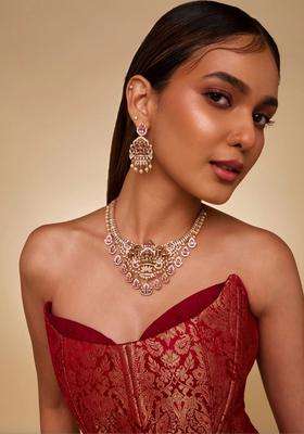 Gold-Plated Temple Cubic Zirconia Necklace and Earrings for Women | Traditional Temple Jewellery for Wedding & Festive Wear | Gift for Her