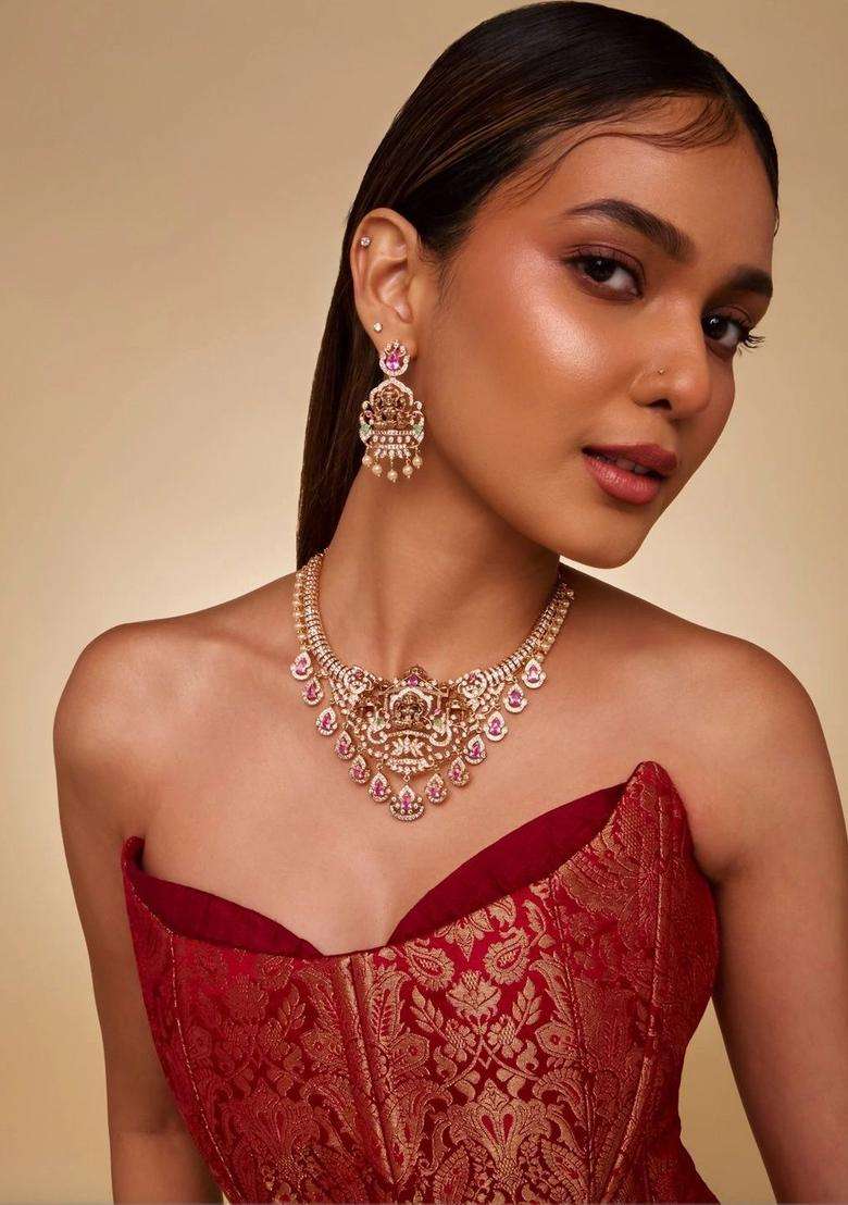 Gold-Plated Temple Cubic Zirconia Necklace and Earrings for Women | Traditional Temple Jewellery for Wedding & Festive Wear | Gift for Her - Indya