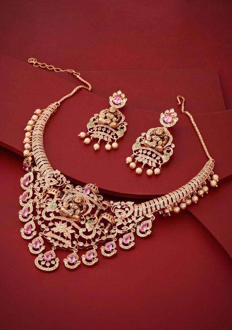 Gold-Plated Temple Cubic Zirconia Necklace and Earrings for Women | Traditional Temple Jewellery for Wedding & Festive Wear | Gift for Her - Indya