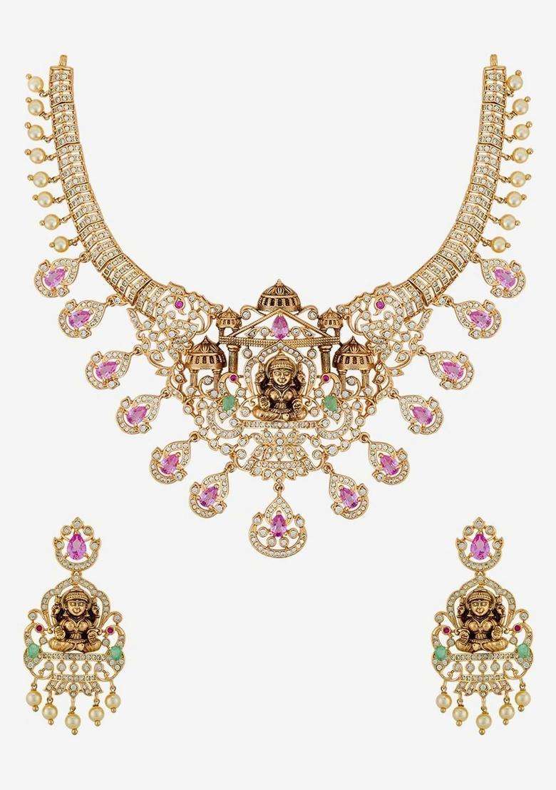 Gold-Plated Temple Cubic Zirconia Necklace and Earrings for Women | Traditional Temple Jewellery for Wedding & Festive Wear | Gift for Her - Indya