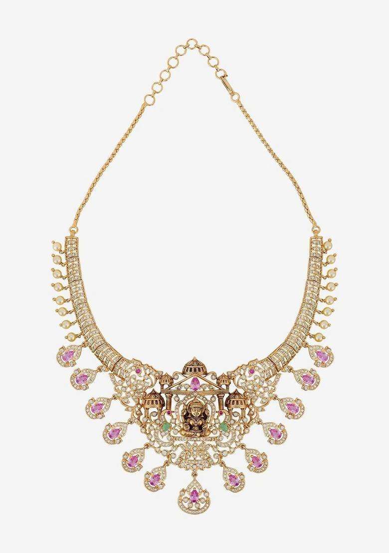 Gold-Plated Temple Cubic Zirconia Necklace and Earrings for Women | Traditional Temple Jewellery for Wedding & Festive Wear | Gift for Her - Indya