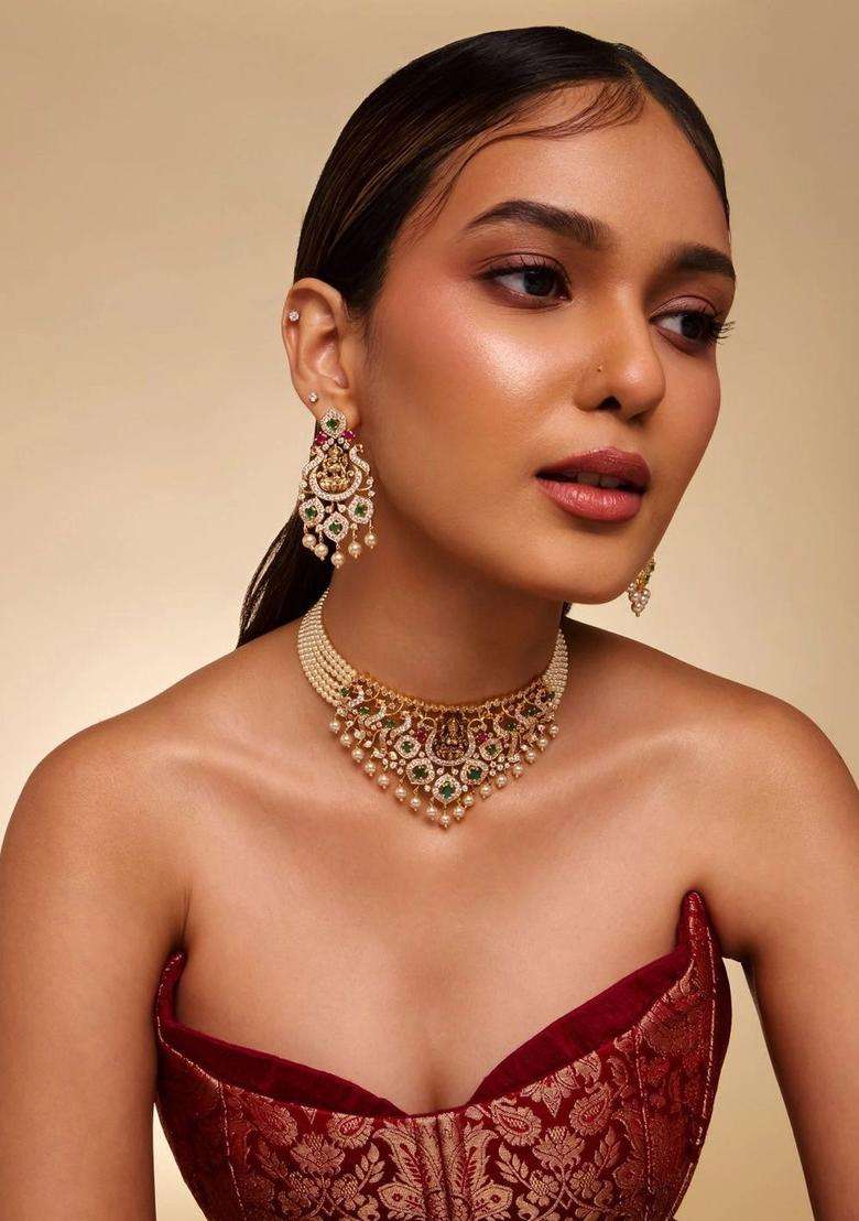 Gold-Plated Temple Cubic Zirconia Necklace and Earrings for Women | Traditional Temple Jewellery for Wedding & Festive Wear | Gift for Her - Indya