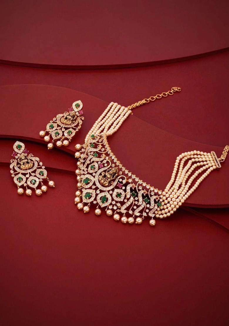 Gold-Plated Temple Cubic Zirconia Necklace and Earrings for Women | Traditional Temple Jewellery for Wedding & Festive Wear | Gift for Her - Indya