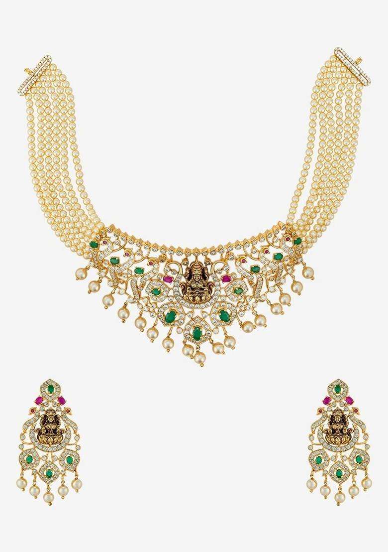 Gold-Plated Temple Cubic Zirconia Necklace and Earrings for Women | Traditional Temple Jewellery for Wedding & Festive Wear | Gift for Her - Indya