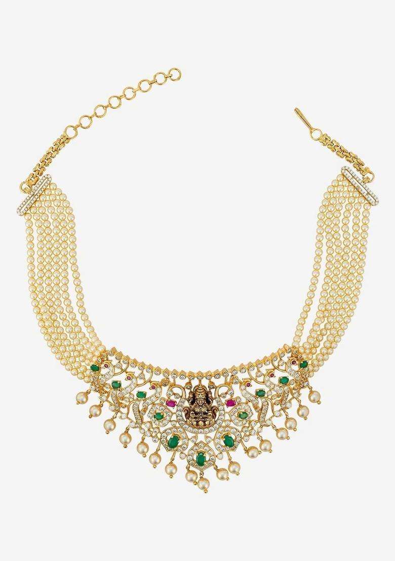 Gold-Plated Temple Cubic Zirconia Necklace and Earrings for Women | Traditional Temple Jewellery for Wedding & Festive Wear | Gift for Her - Indya