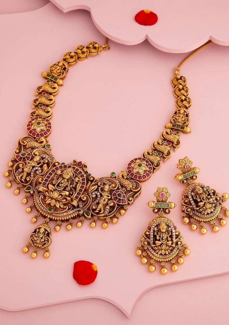 Gold-Plated Temple Stone-Studded Necklace and Earrings for Women | Traditional Temple Jewellery for Wedding & Festive Wear | Gift for Her - Indya
