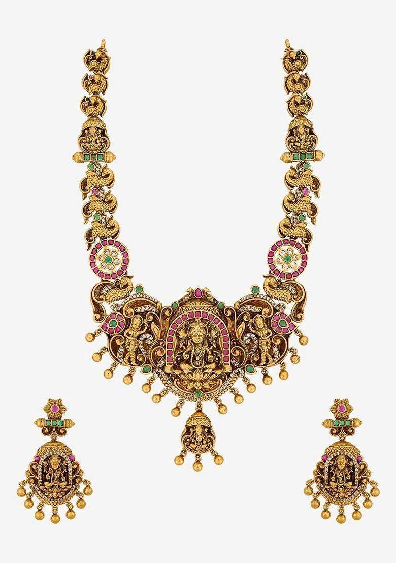 Gold-Plated Temple Stone-Studded Necklace and Earrings for Women | Traditional Temple Jewellery for Wedding & Festive Wear | Gift for Her - Indya