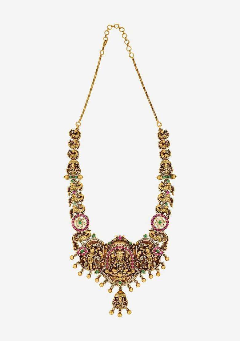 Gold-Plated Temple Stone-Studded Necklace and Earrings for Women | Traditional Temple Jewellery for Wedding & Festive Wear | Gift for Her - Indya