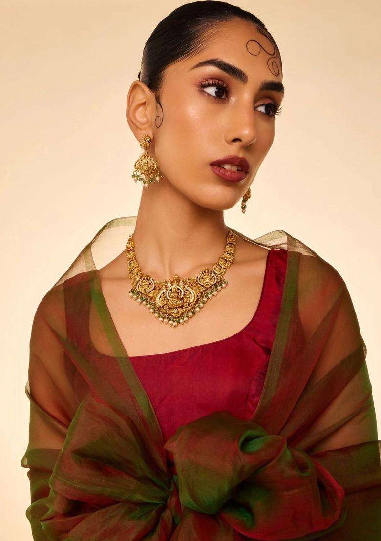 Gold-Plated Temple Stone-Studded Necklace and Earrings for Women | Traditional Temple Jewellery for Wedding & Festive Wear | Gift for Her - Indya
