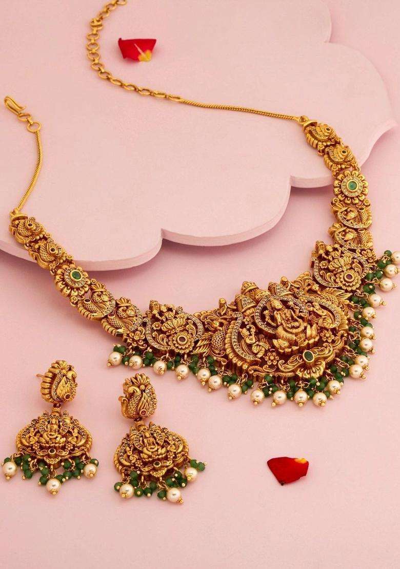Gold-Plated Temple Stone-Studded Necklace and Earrings for Women | Traditional Temple Jewellery for Wedding & Festive Wear | Gift for Her - Indya