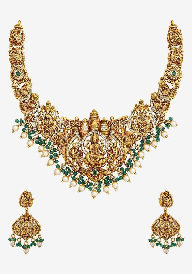 Gold-Plated Temple Stone-Studded Necklace and Earrings for Women | Traditional Temple Jewellery for Wedding & Festive Wear | Gift for Her - Indya