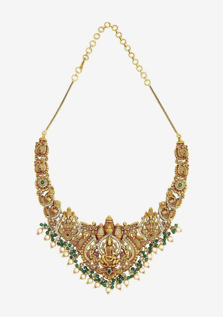 Gold-Plated Temple Stone-Studded Necklace and Earrings for Women | Traditional Temple Jewellery for Wedding & Festive Wear | Gift for Her - Indya