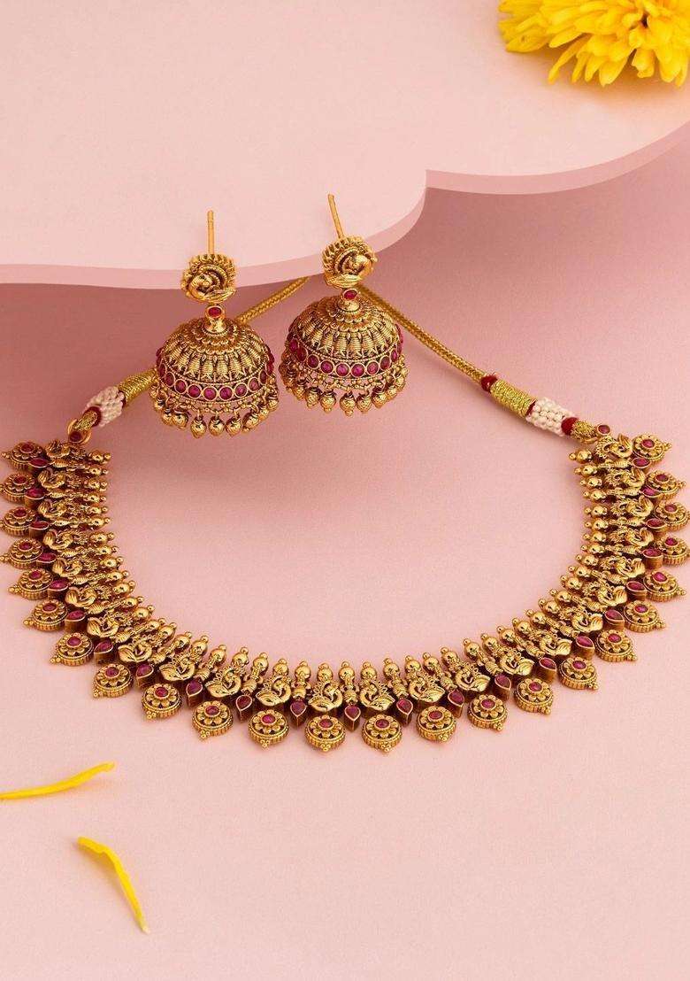 Gold-Plated Artificial Stones Studded Jewellery Set for Women | Traditional Temple Jewellery for Wedding & Festive Wear | Gift for Her - Indya