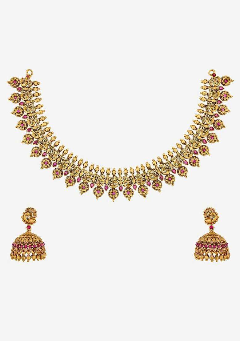 Gold-Plated Artificial Stones Studded Jewellery Set for Women | Traditional Temple Jewellery for Wedding & Festive Wear | Gift for Her - Indya