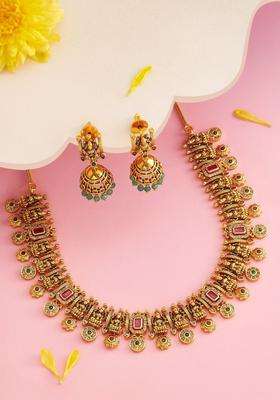 Gold-Plated Artificial Stone-Studded Necklace Earrings Set for Women | Traditional Temple Jewellery for Wedding & Festive Wear | Gift for Her