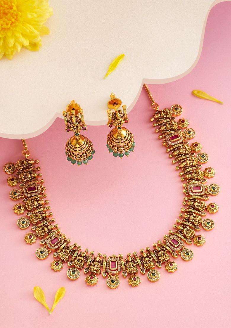 Gold-Plated Artificial Stone-Studded Necklace Earrings Set for Women | Traditional Temple Jewellery for Wedding & Festive Wear | Gift for Her - Indya