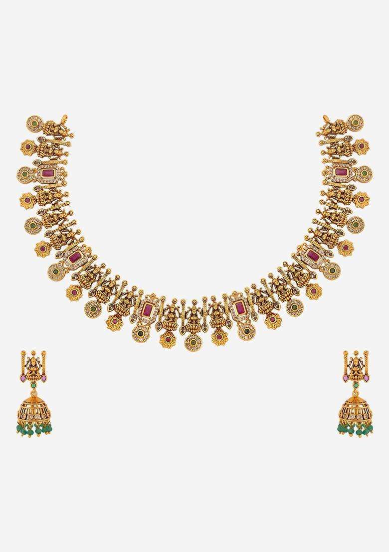 Gold-Plated Artificial Stone-Studded Necklace Earrings Set for Women | Traditional Temple Jewellery for Wedding & Festive Wear | Gift for Her - Indya