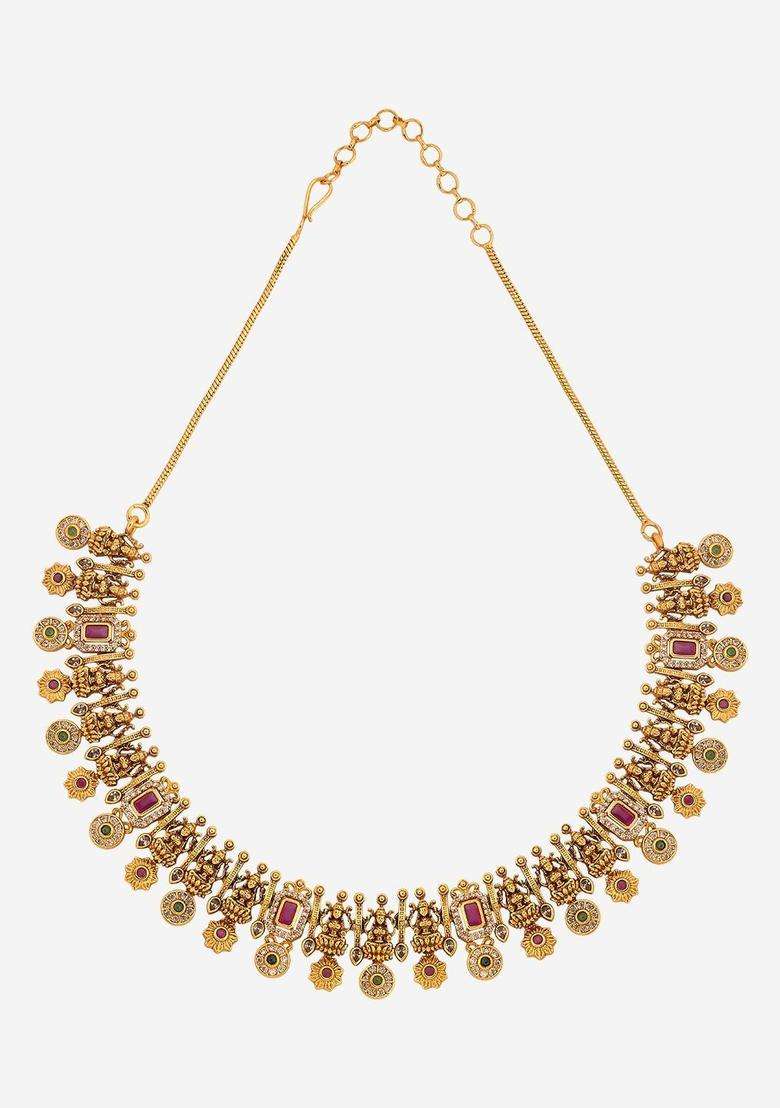 Gold-Plated Artificial Stone-Studded Necklace Earrings Set for Women | Traditional Temple Jewellery for Wedding & Festive Wear | Gift for Her - Indya