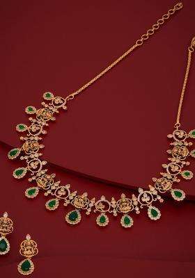 Gold-Plated Temple Cubic Zirconia Necklace and Earrings for Women | Traditional Temple Jewellery for Wedding & Festive Wear | Gift for Her