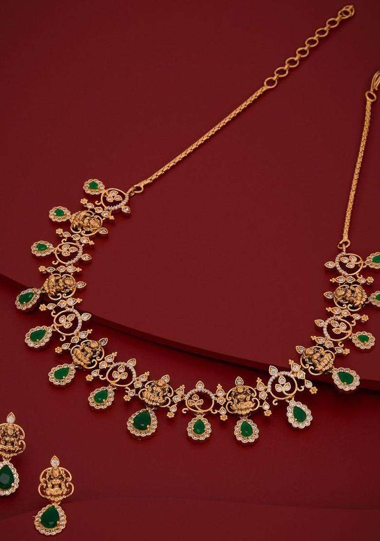Gold-Plated Temple Cubic Zirconia Necklace and Earrings for Women | Traditional Temple Jewellery for Wedding & Festive Wear | Gift for Her - Indya