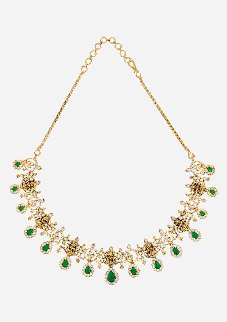 Gold-Plated Temple Cubic Zirconia Necklace and Earrings for Women | Traditional Temple Jewellery for Wedding & Festive Wear | Gift for Her - Indya