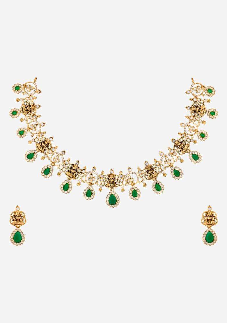 Gold-Plated Temple Cubic Zirconia Necklace and Earrings for Women | Traditional Temple Jewellery for Wedding & Festive Wear | Gift for Her - Indya