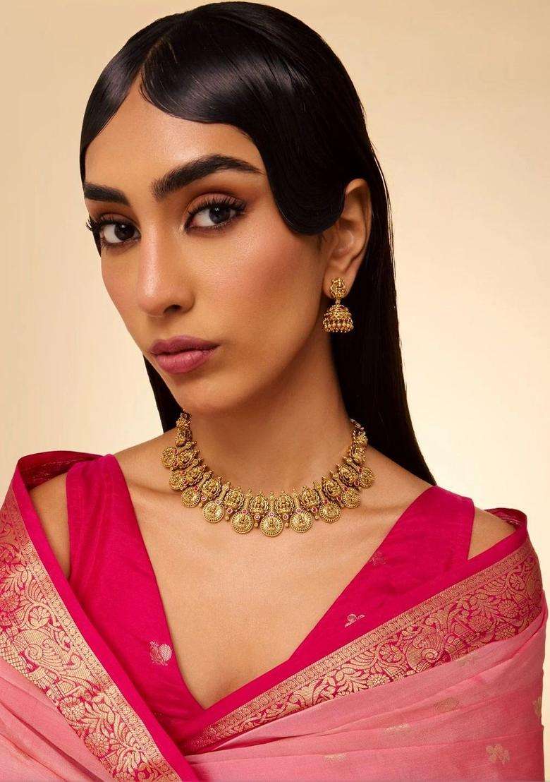 Gold-Plated Temple Stone-Studded Necklace & Earrings for Women | Traditional Temple Jewellery for Wedding & Festive Wear | Gift for Her - Indya