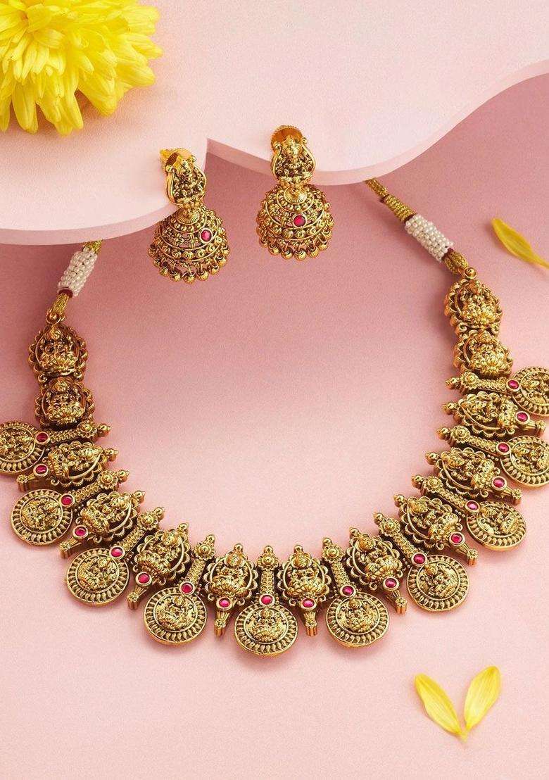 Gold-Plated Temple Stone-Studded Necklace & Earrings for Women | Traditional Temple Jewellery for Wedding & Festive Wear | Gift for Her - Indya