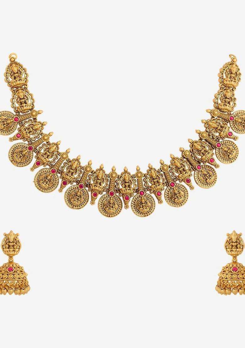 Gold-Plated Temple Stone-Studded Necklace & Earrings for Women | Traditional Temple Jewellery for Wedding & Festive Wear | Gift for Her - Indya