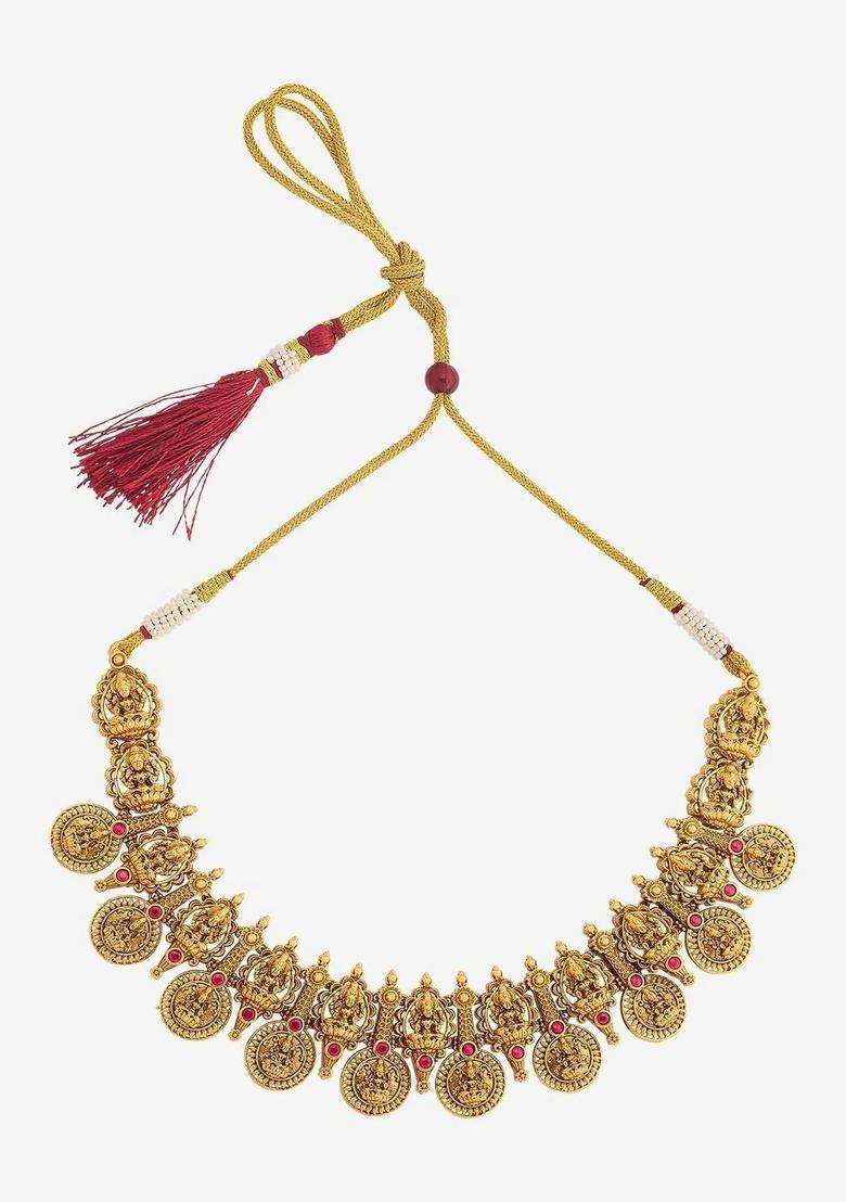 Gold-Plated Temple Stone-Studded Necklace & Earrings for Women | Traditional Temple Jewellery for Wedding & Festive Wear | Gift for Her - Indya
