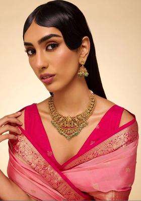 Rose Gold-Plated Temple Stone Studded & Beaded Necklace and Earrings for Women | Traditional Temple Jewellery for Wedding & Festive Wear | Gift for Her