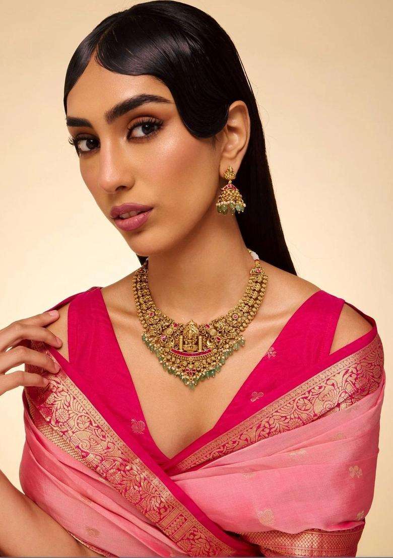 Rose Gold-Plated Temple Stone Studded & Beaded Necklace and Earrings for Women | Traditional Temple Jewellery for Wedding & Festive Wear | Gift for Her - Indya